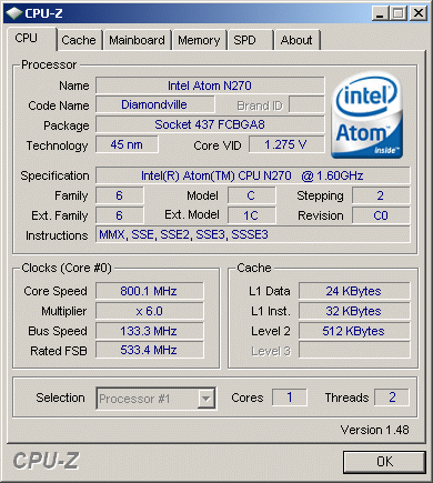 CPU-Z об Amilo Mini Ui 3520