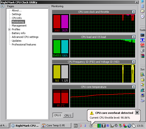 Включение троттлинга по RightMark CPU Clock