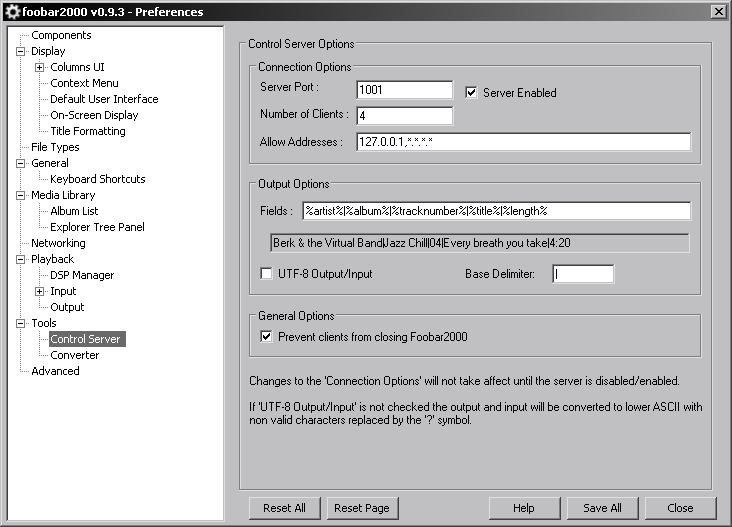 Foobar Control Server config