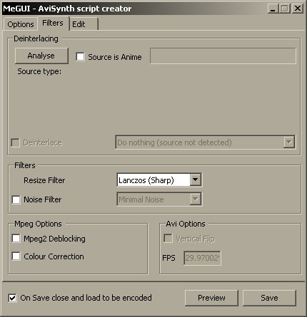 Настройки фильтров в MeGUI AVISynth Script Creator