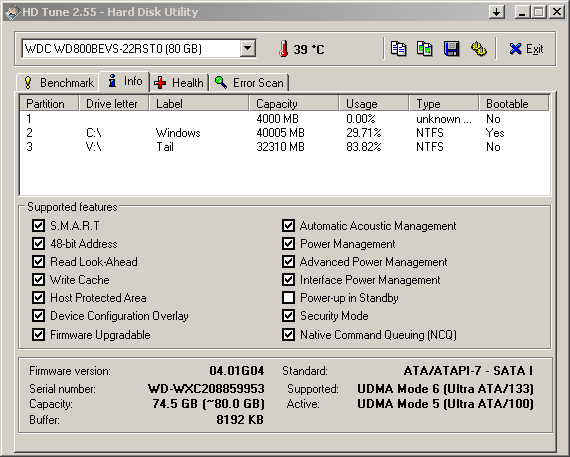 Информация HDTune об HDD в MSI Wind u90